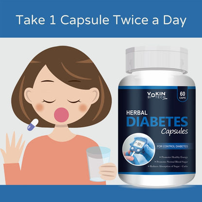 Bottle of Vokin Biotech Herbal Diabetes Capsules with an illustration of a person taking a pill.