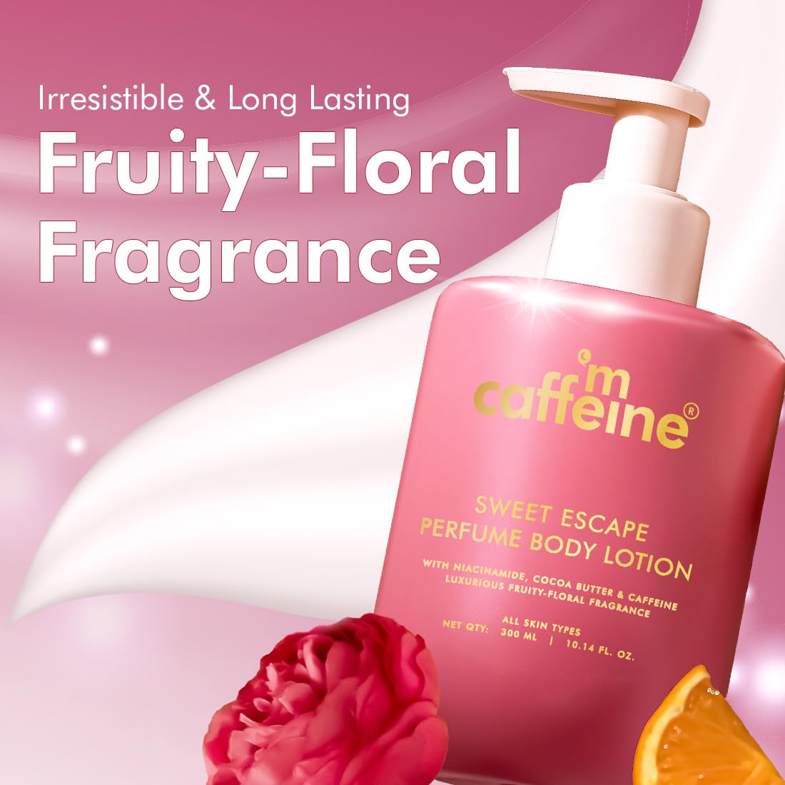 Pink perfume body lotion bottle with 'caffine' branding on a pink background, featuring text about fragrance.