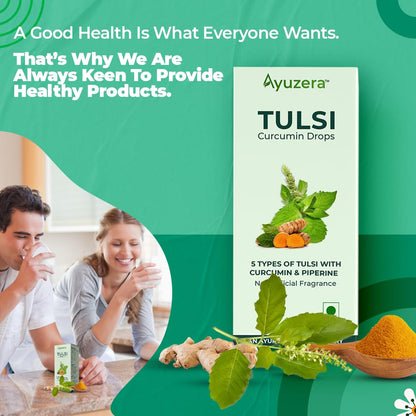 Wellwith by Ayuzera Tulsi Curcumin Drops, 5 Types of Tulsi, Curcumin & Piperine, No Artificial Fragnance (30ml, Pack of 1)