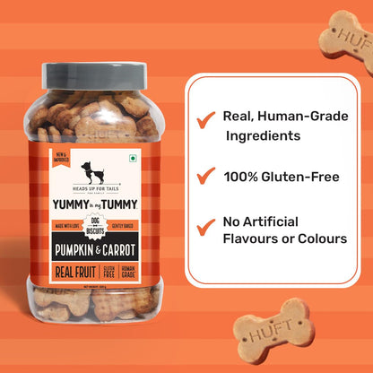 Yummy in My Tummy by HUFT Pumpkin & Carrot Dog Biscuits – 800 gm | Vegetarian Crunchy Treats for Dogs | Healthy Training Snack | Easy to Digest | Suitable for All Life Stages & All Breeds Dogs