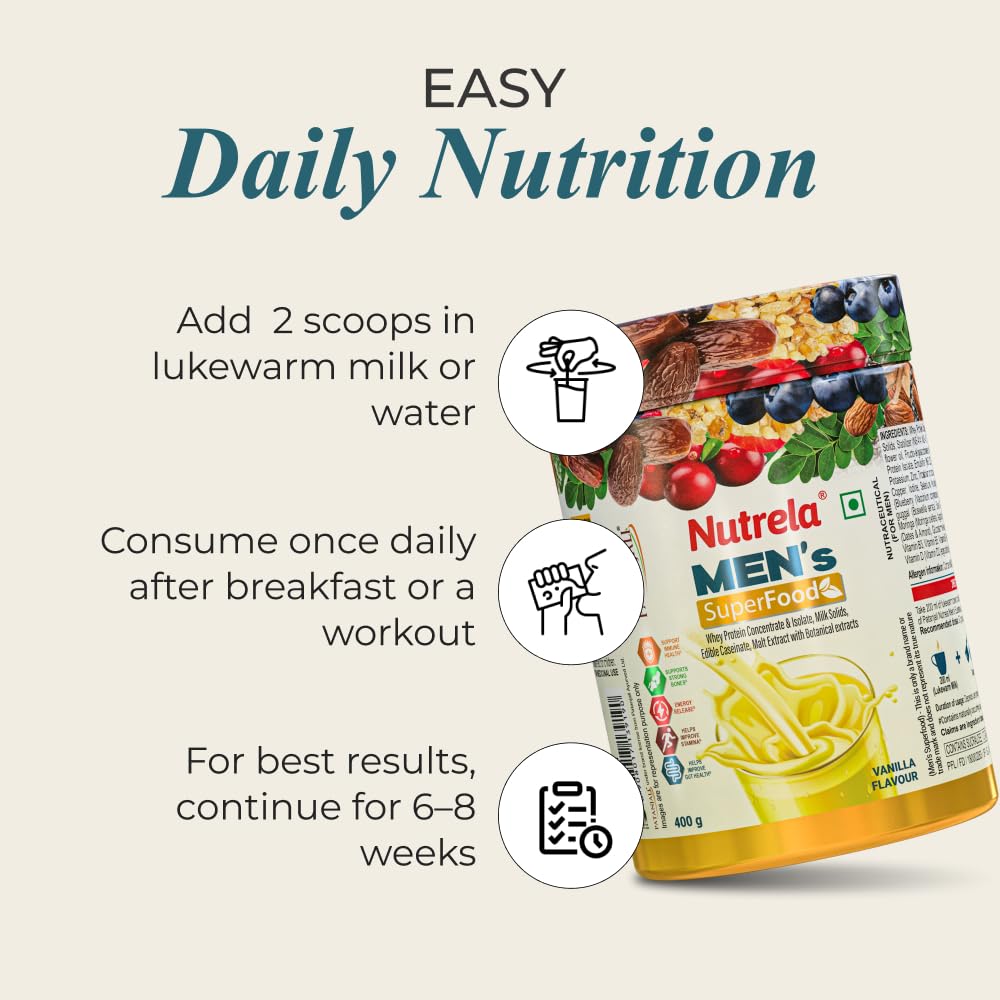 Nutrela Men Superfoods With Whey Protein Powder - 400g, Vanilla Flavor | Everyday Fitness with Biofermented Multivitamins & Whey Protein to support in Bone & Joints Health , Muscle , Heart , Hair & Nails , Ednergy Booster and Mood Stabilizer