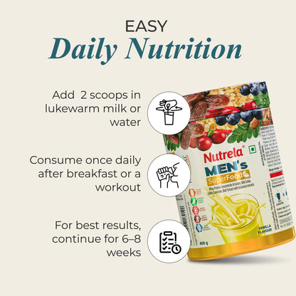 Nutrela Men Superfoods With Whey Protein Powder - 400g, Vanilla Flavor | Everyday Fitness with Biofermented Multivitamins & Whey Protein to support in Bone & Joints Health , Muscle , Heart , Hair & Nails , Ednergy Booster and Mood Stabilizer