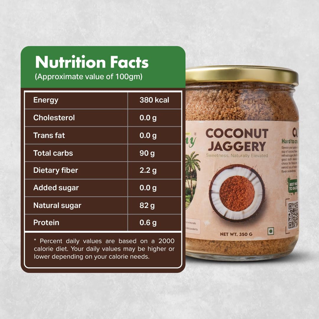 Farmy Coconut Palm Sugar | Natural Sweetener Low Glycemic Index | Unrefined Coconut Jaggery Powder in Glass Jar | No Preservatives Vegetarian Sugar Alternative for Cooking Baking Beverages (350g)