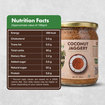Farmy Coconut Palm Sugar | Natural Sweetener Low Glycemic Index | Unrefined Coconut Jaggery Powder in Glass Jar | No Preservatives Vegetarian Sugar Alternative for Cooking Baking Beverages (350g)