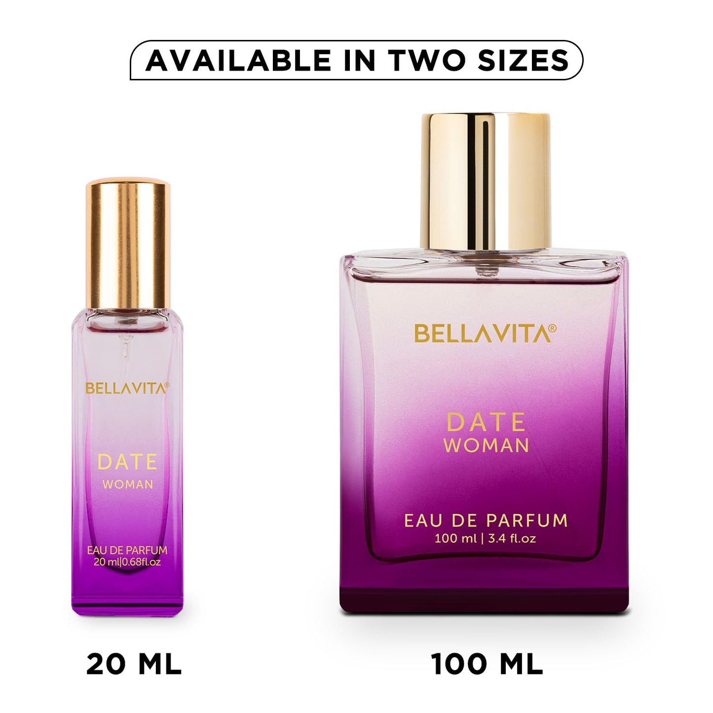 Two Bellavita Date Woman Eau de Parfum bottles, 20ml and 100ml, on a white background.