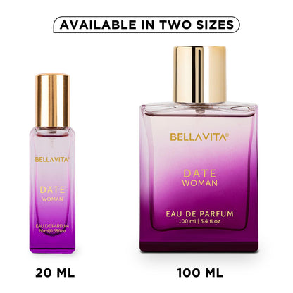 Two Bellavita Date Woman Eau de Parfum bottles, 20ml and 100ml, on a white background.