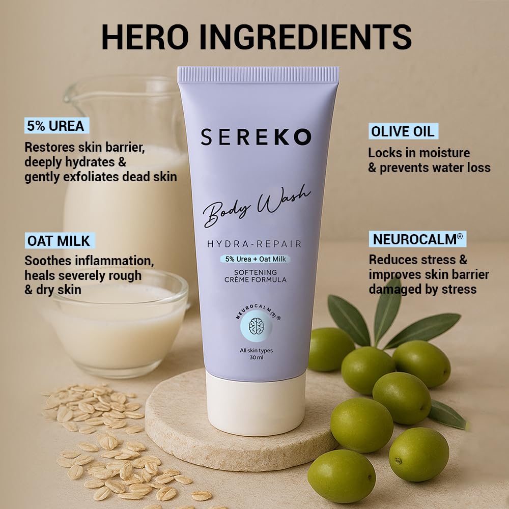 Sereko body wash tube with ingredients listed on a beige background