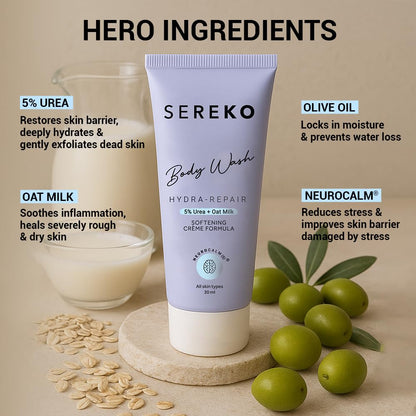 Sereko body wash tube with ingredients listed on a beige background