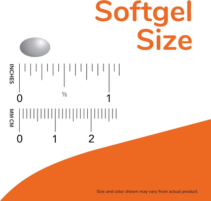 Measurement chart for softgel size with a ruler and softgel illustration on an orange background.