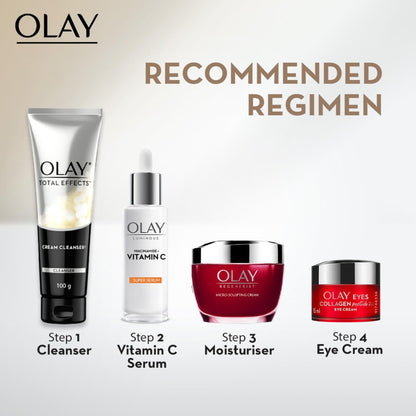 Olay skincare products with recommended regimen steps on a light background