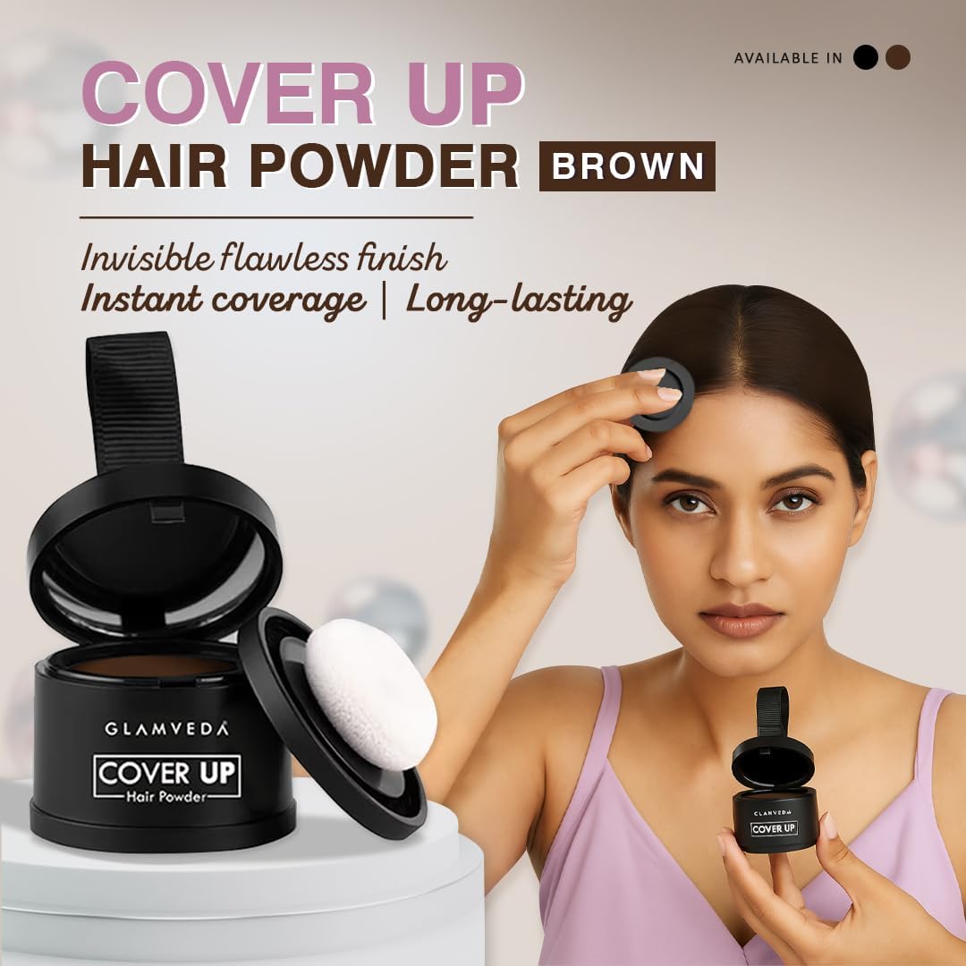 Glamveda Cover-Up Hair Powder - Brown | Covers Grey Roots & Bald Spots Instantly | Root Touch Up | Highly Pigmented, Fuller & Denser Look | Long-Lasting | Matte Finish | Fine Powder | Natural Look 4g