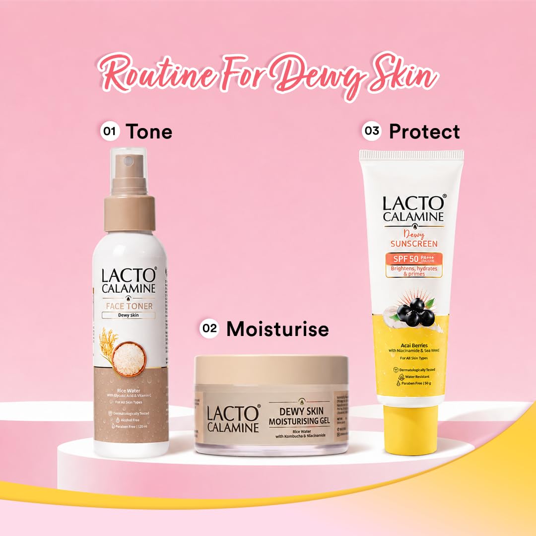 Lacto Calamine Dewy Glow Lightweight Sunscreen SPF 50 PFA +++ UVA & UVB Protection-Oily Skin | Acai Berries, Niacinamide & Watermelon | Dermatologically Tested | 50g