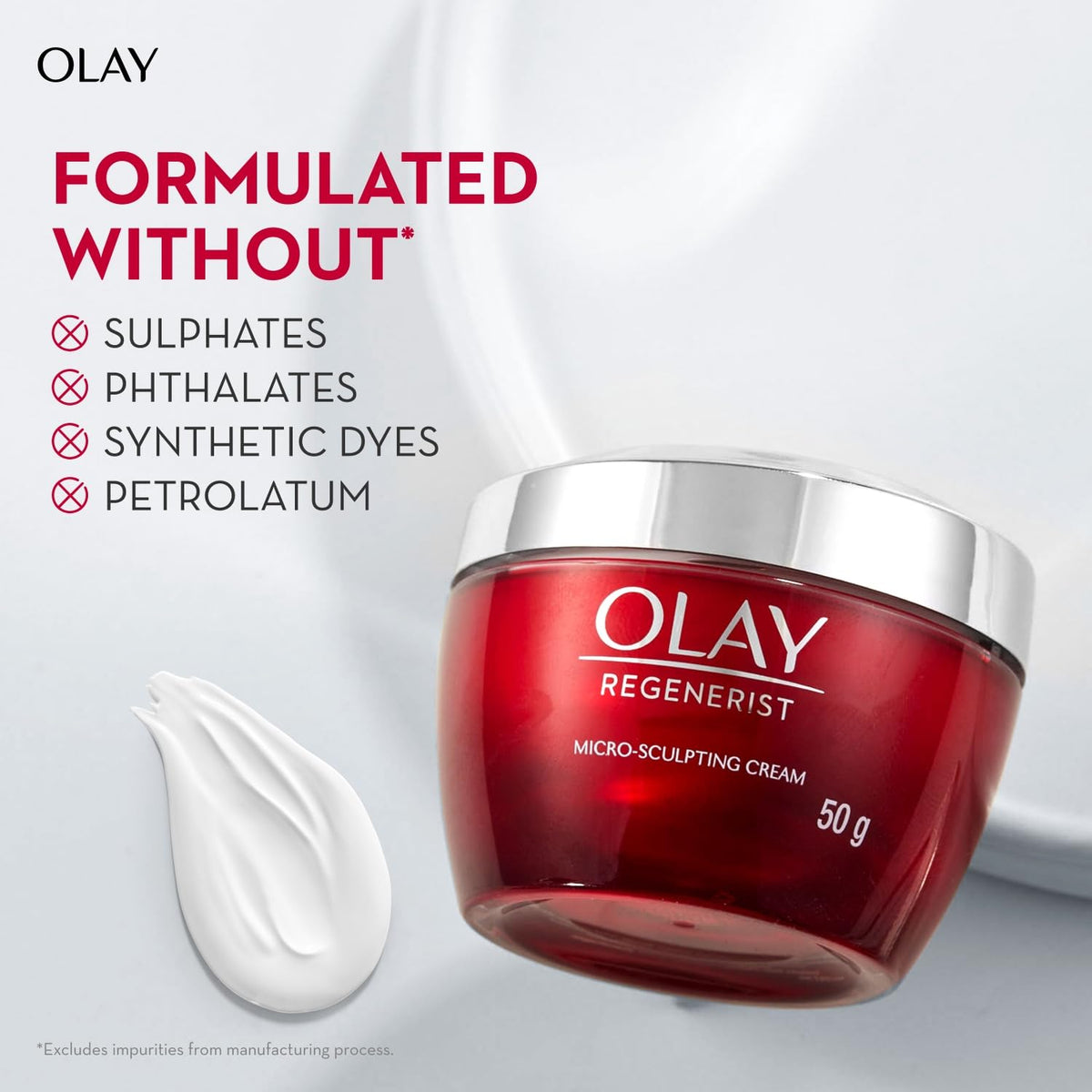 Olay Regenerist cream jar with red lid on a white background, featuring Olay branding and product details.