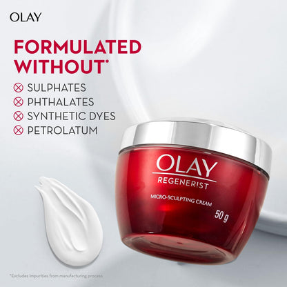 Olay Regenerist cream jar with red lid on a white background, featuring Olay branding and product details.