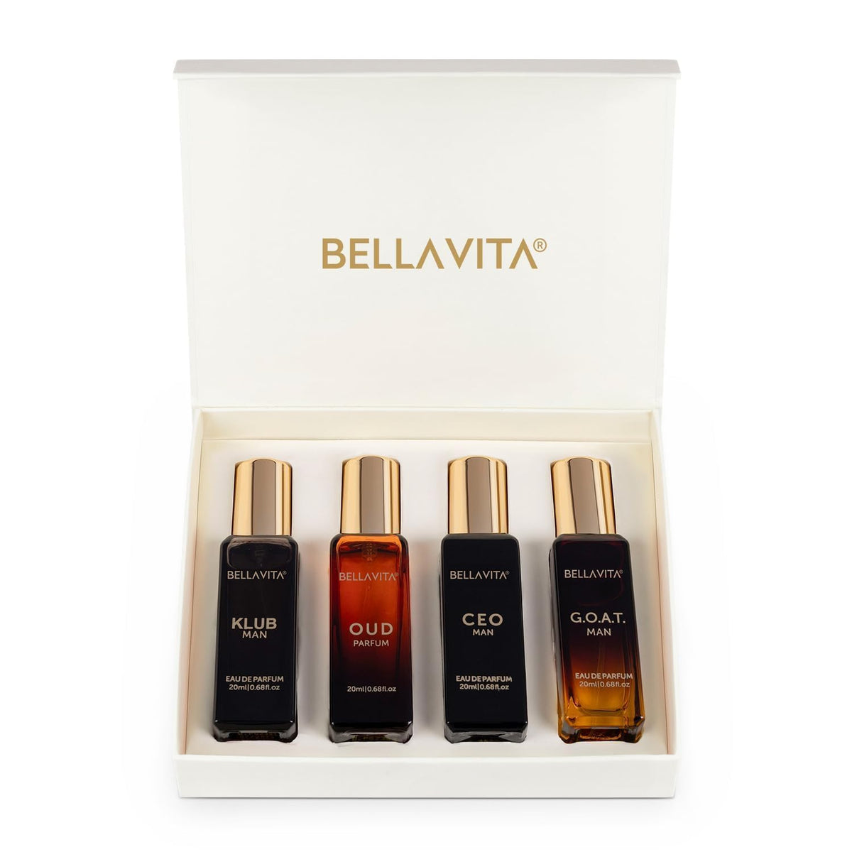 Set of four Bellavita perfume bottles in a box on a white background