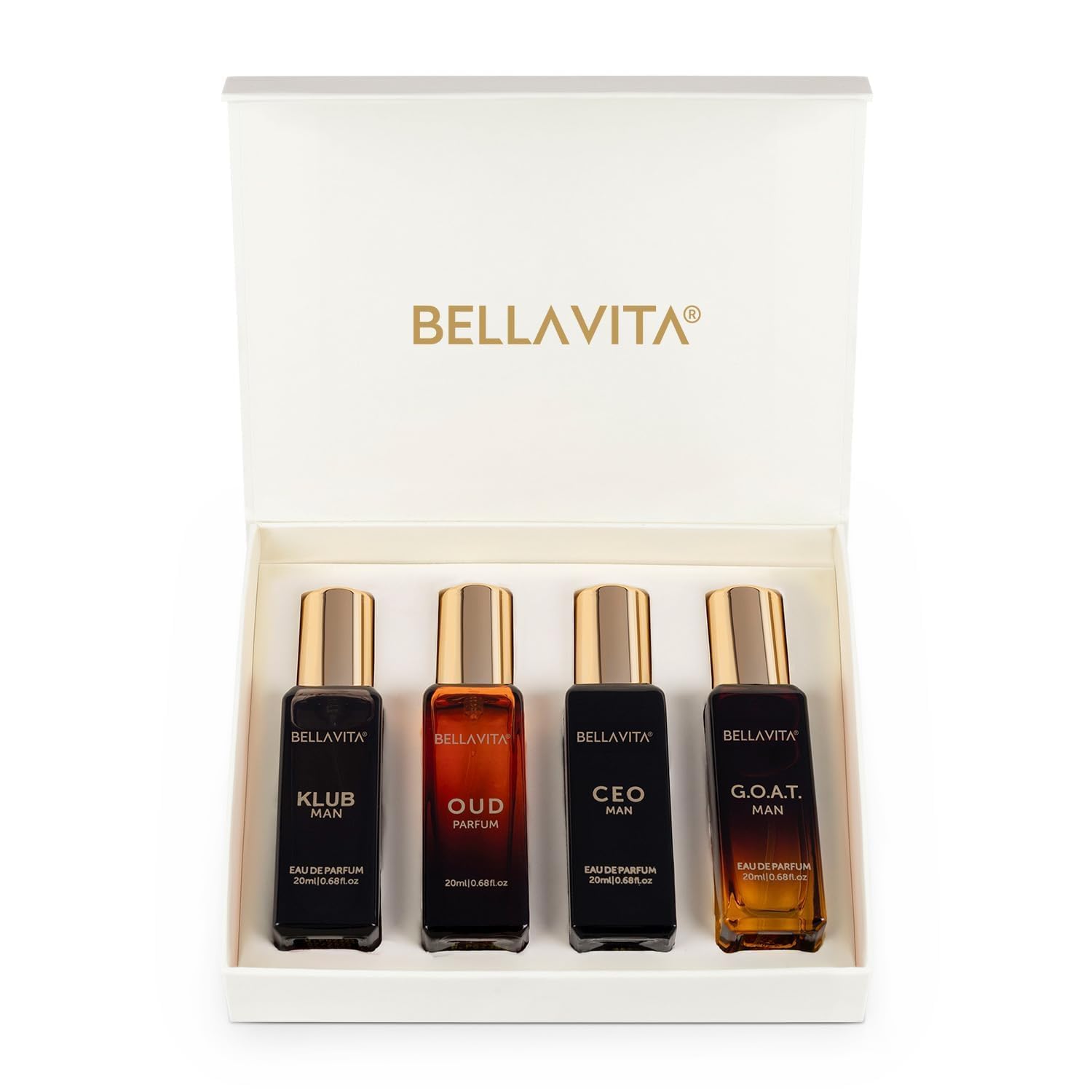 Set of four Bellavita perfume bottles in a box on a white background