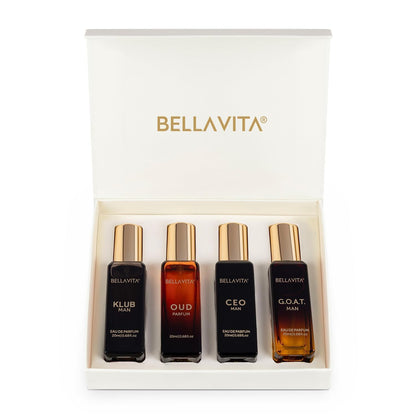 Set of four Bellavita perfume bottles in a box on a white background