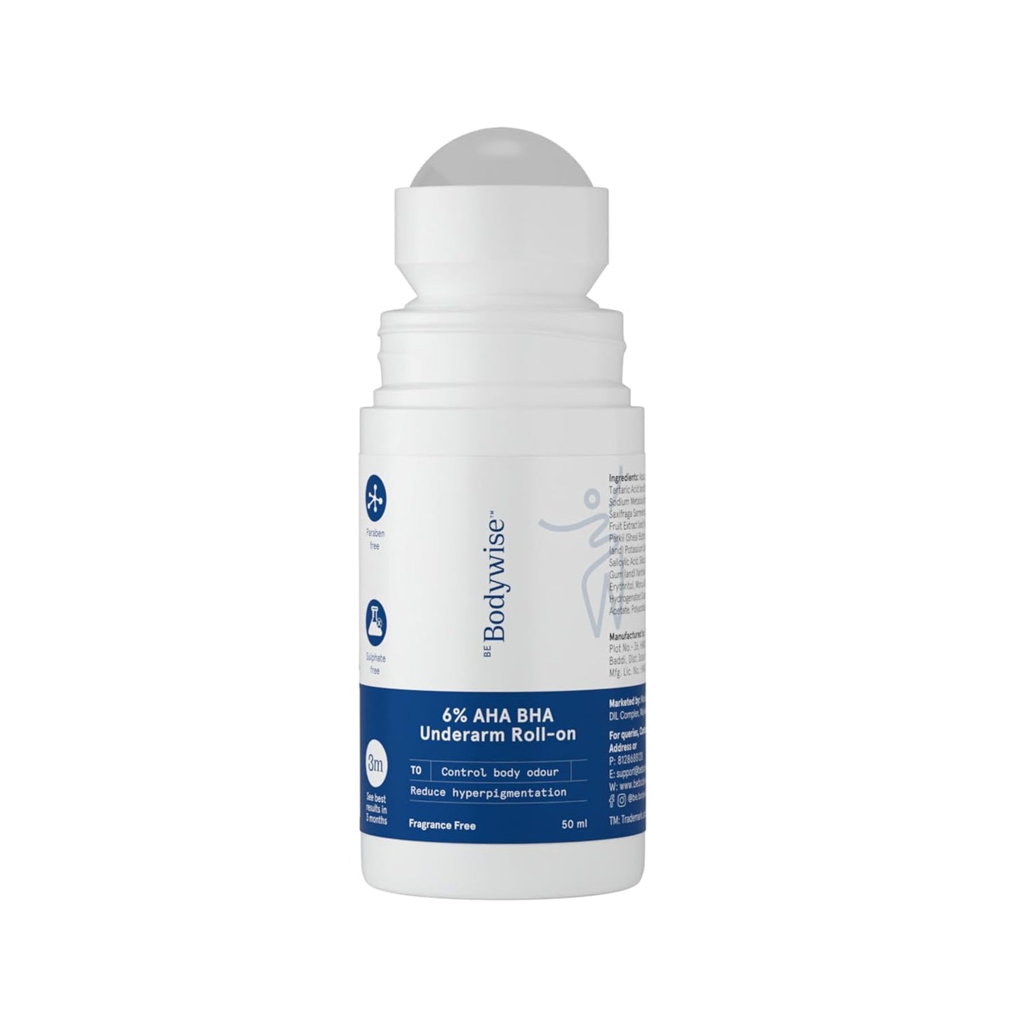Be Bodywise 6% AHA BHA Underarm Roll On Deodorant, 50ml | 1% Mandelic, 4% Lactic, 1% Salicylic Acid | Prevents Body Odour & Fades Pigmentation | Alcohol & Aluminium Free | Fragrance-free
