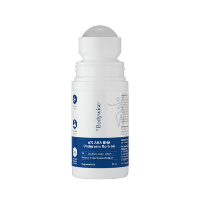 Be Bodywise 6% AHA BHA Underarm Roll On Deodorant, 50ml | 1% Mandelic, 4% Lactic, 1% Salicylic Acid | Prevents Body Odour & Fades Pigmentation | Alcohol & Aluminium Free | Fragrance-free