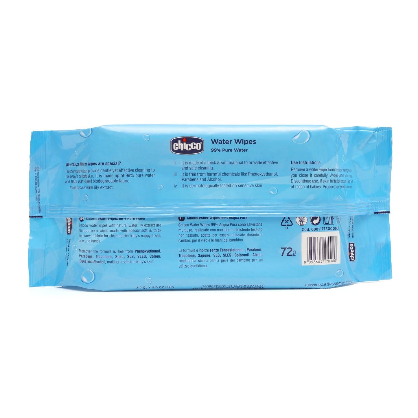 Chicco Water Wipes - 99% Pure Water Wipes 72 Pcs | 100% Plant Based | Free From Phenoxyethanol, Parabens & Alcohol