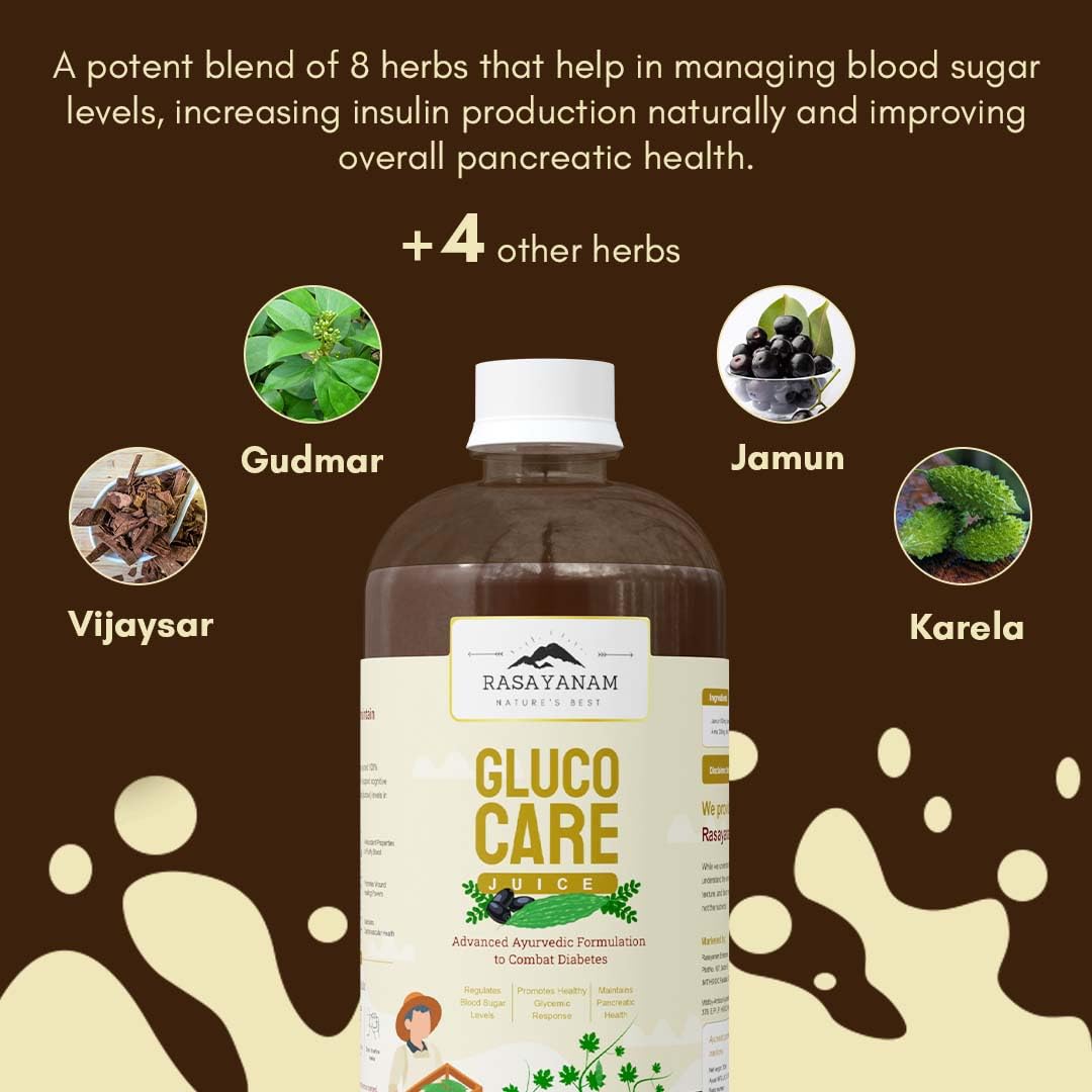 Rasaynam Gluco Care Elixir bottle with herbs on a brown background