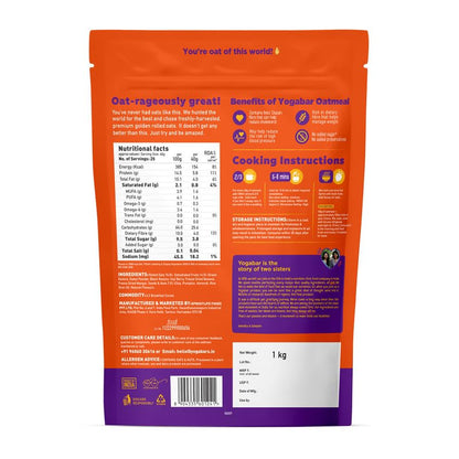 Yogabar No Added Sugar Oatmeal 1kg Pouch - with Alphonso Mango, Chia Seeds and Real Fruits & Berries - Whole Breakfast Oatmeal Cereal - Overnight Oats - with Rolled Oats