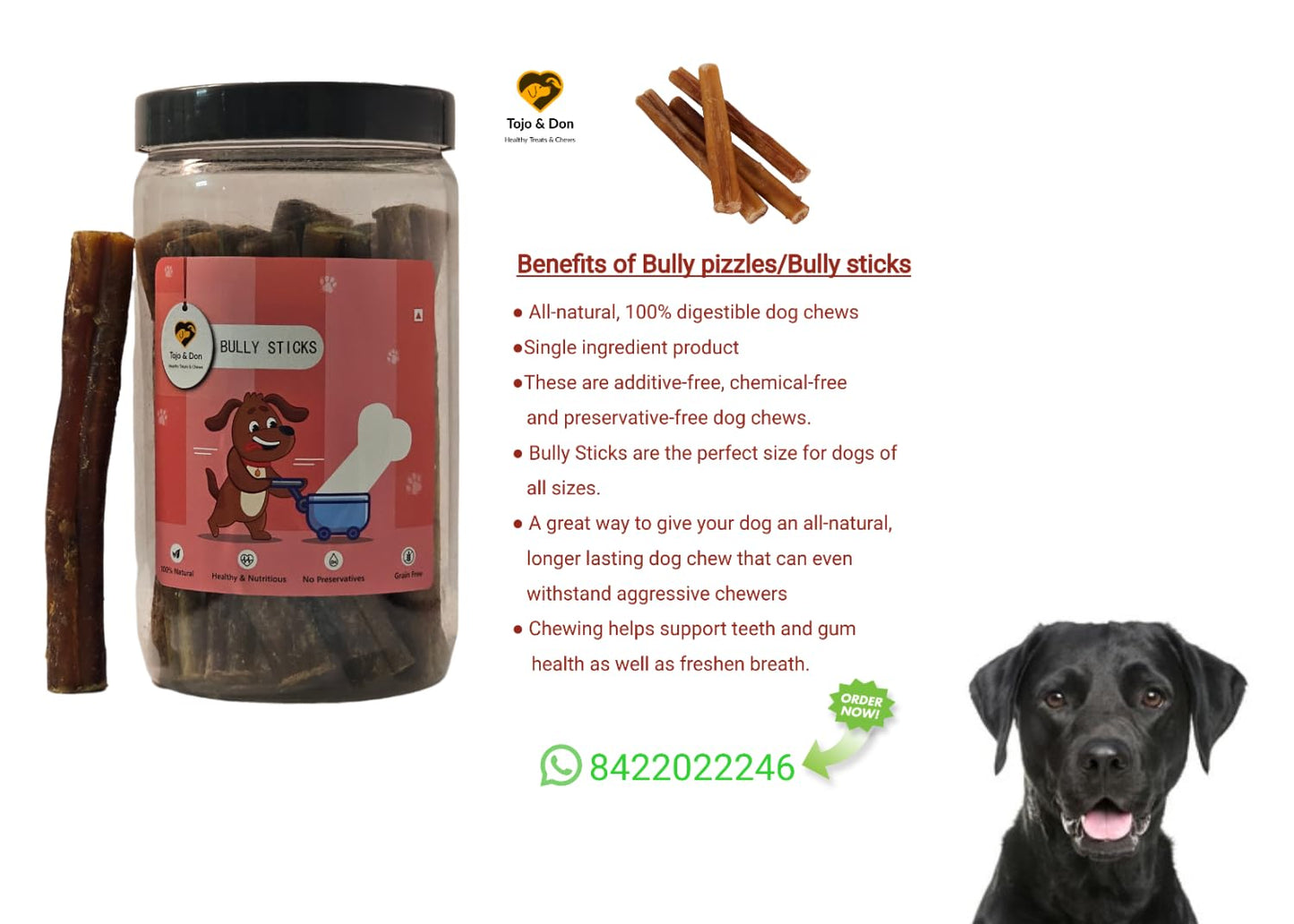 Tojo & Don Bully Sticks for Dogs-(500gms) No Preservatives, Natural & Healthy Dog Chews and Treats for All Sized Dogs,Dental Care, Hard Chews, High Protein, Single Ingredient, for Bones, Skin and Joints.