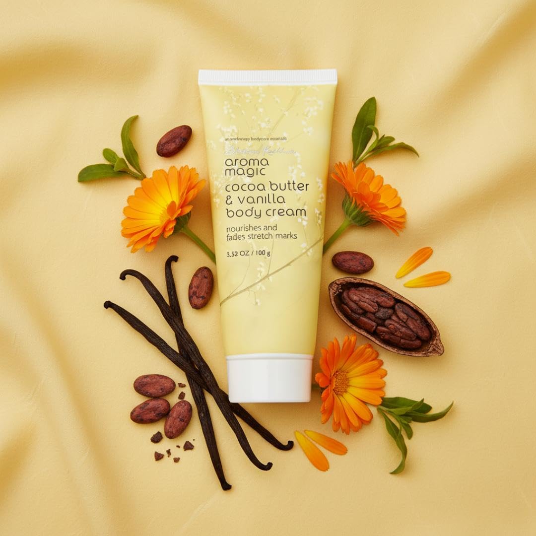 Aroma Magic Cocoa Butter & Vanilla Body Cream | Nourishes, Enhances Skin elasticity & prevents stretch marks | Green tea & calendula extract, vitamin E & C| Non-greasy| 100 ml
