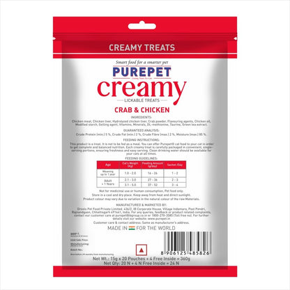 Purepet Creamy Lickable Cat Treats(15g x 24 Pieces) 360g | Crab & Chicken Flavour | Rich in Protein | Taurine for Heart & Vision | Ideal for Training | Promotes Hydration| for Kitten & Adult Cats