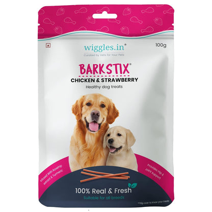 Wiggles Barkstix Dog Treats (Chicken & Strawberry, 100G) | Fresh Chicken Soft Chew Sticks for Training Adult Puppies | Provides Hip and Joint Support with Rosehip Extract and Turmeric | For All Breeds