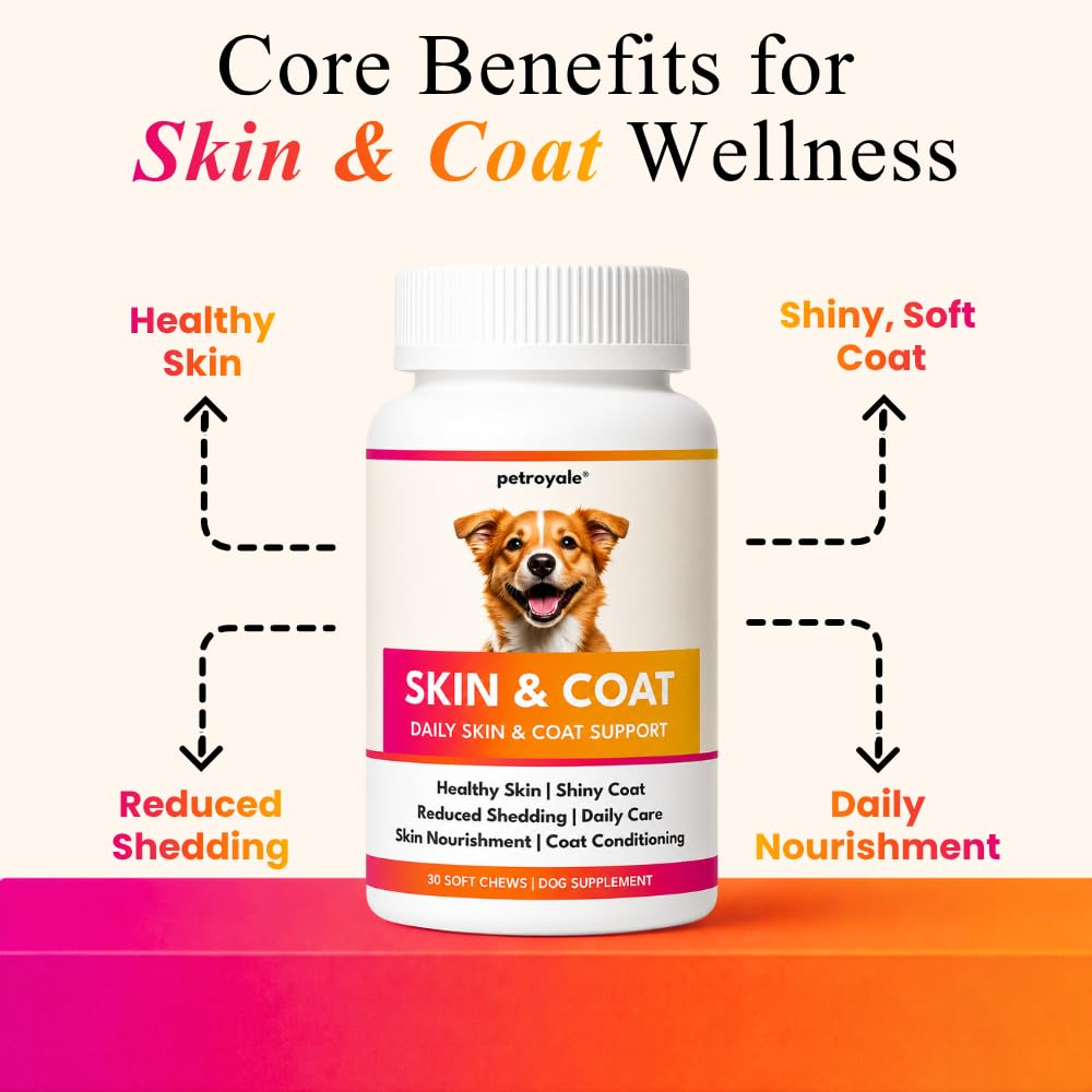 Petroyale Skin & Coat Chews for Dogs | Healthy Skin & Shiny Fur Supplement | Helps Reduce Shedding, Dry & Itchy Skin | Supports Immunity & Overall Wellness | 30 Soft Chews