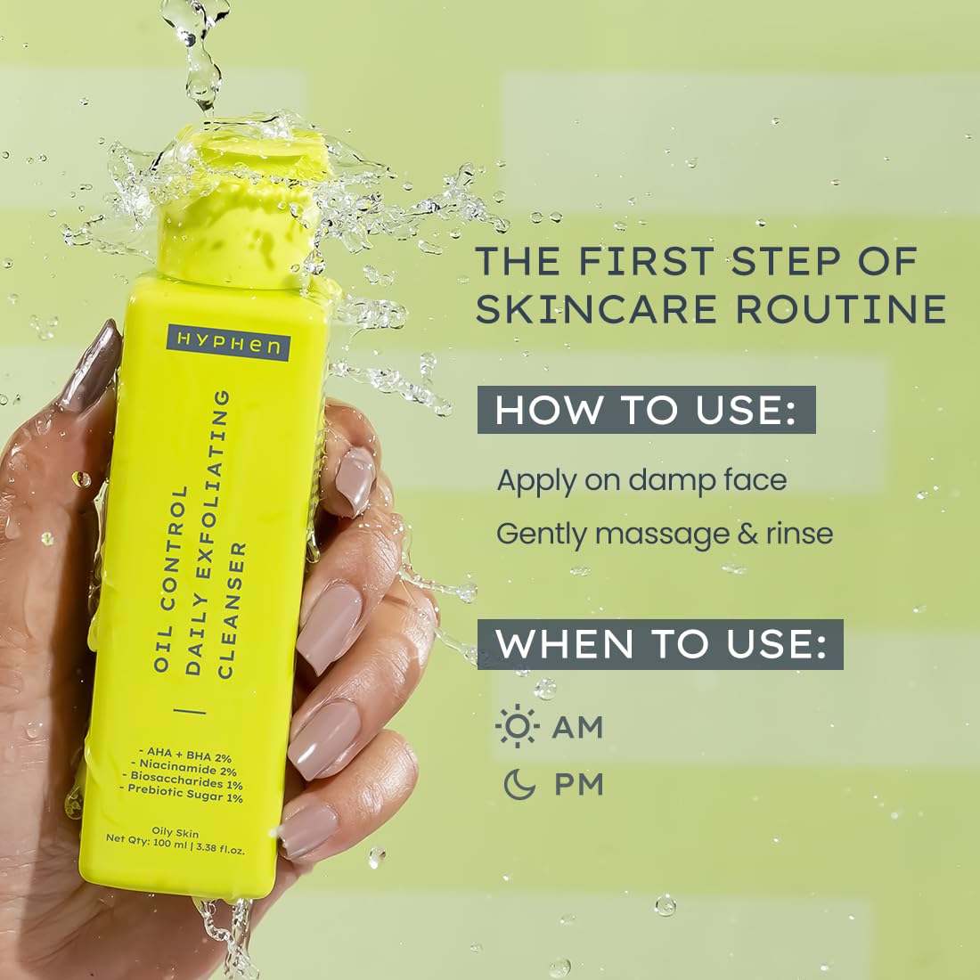 Yellow cleanser bottle held by a hand with product details and usage instructions on a green background