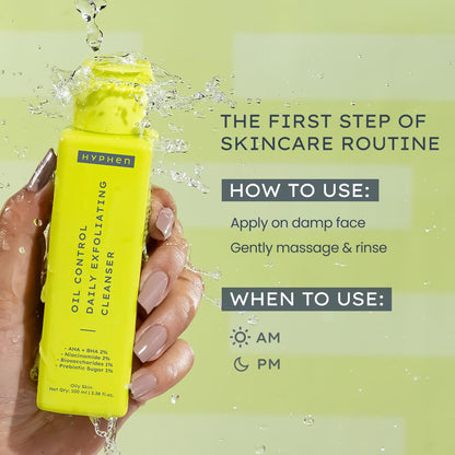 Yellow cleanser bottle held by a hand with product details and usage instructions on a green background