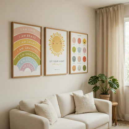 Kids Motivational Nursery Wall Painting Set of 3 with Wooden Frames | Rainbow Affirmation Sun Feelings Chart Kids Room Wall Art | HD Sparkle Printed MDF Nursery Wall Decor