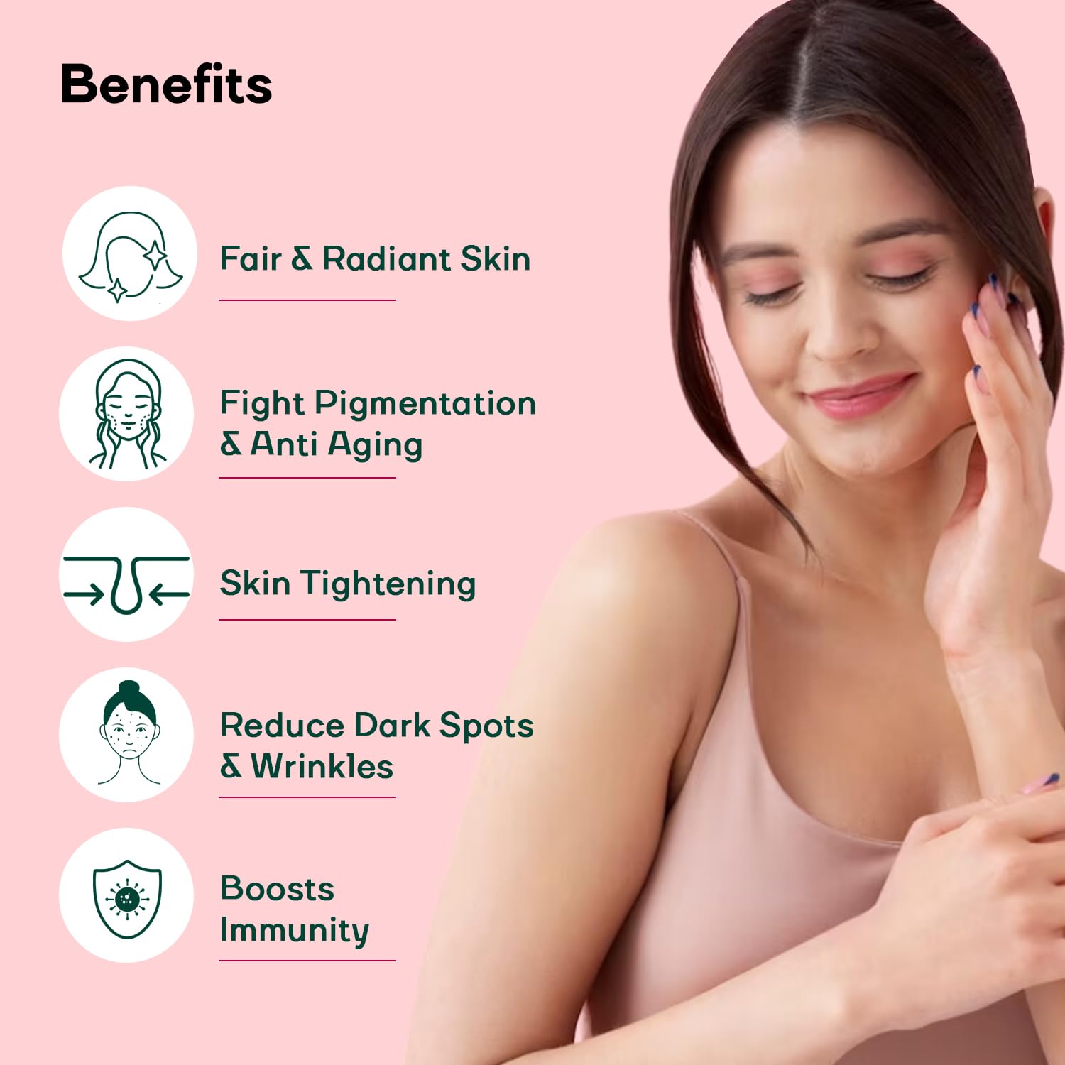Woman touching her face with benefits listed on a pink background