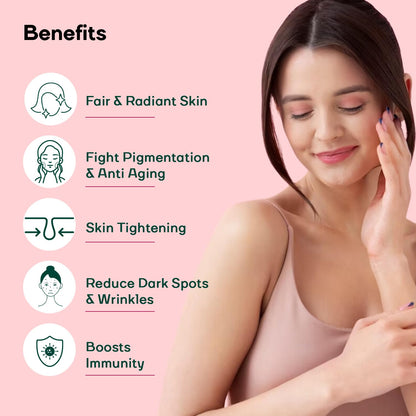 Woman touching her face with benefits listed on a pink background