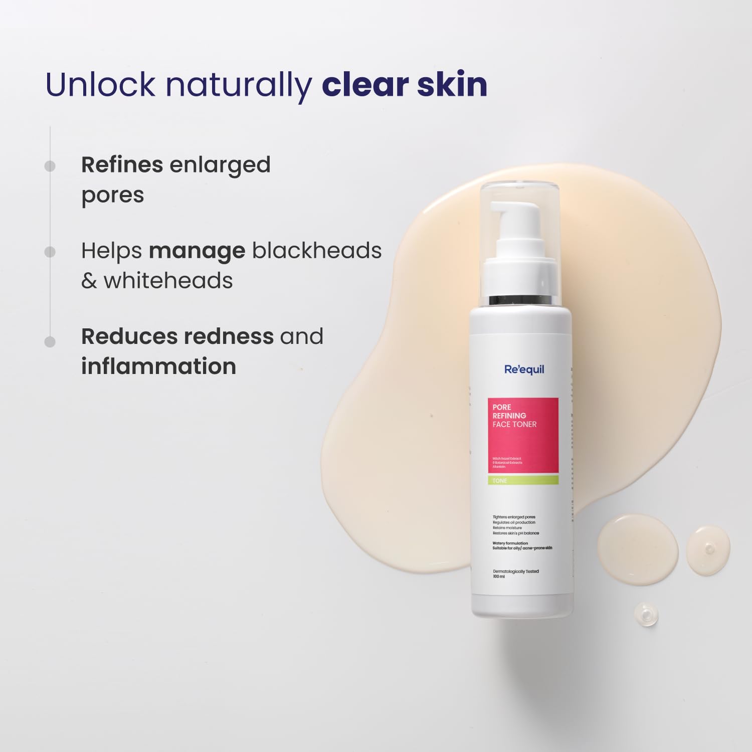 Repequii pore refining face toner bottle with benefits listed on a light gray background