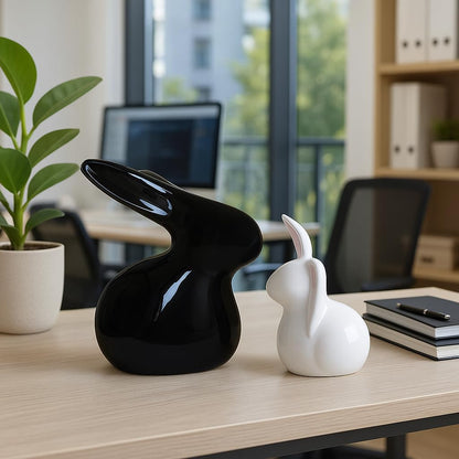 Home Décor Ceramic Rabbit Figurines (Set of 2, Black and White)