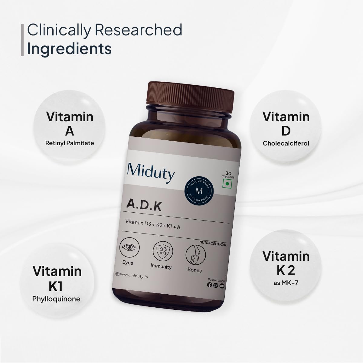 Miduty Vitamin ADK Multivitamin Contains Vitamin A - D3 - K1 - K2 Immunity Booster, Bone Strength, Healthy Heart Vitamin ADK Supplement For Men and Women - 30 Capsules
