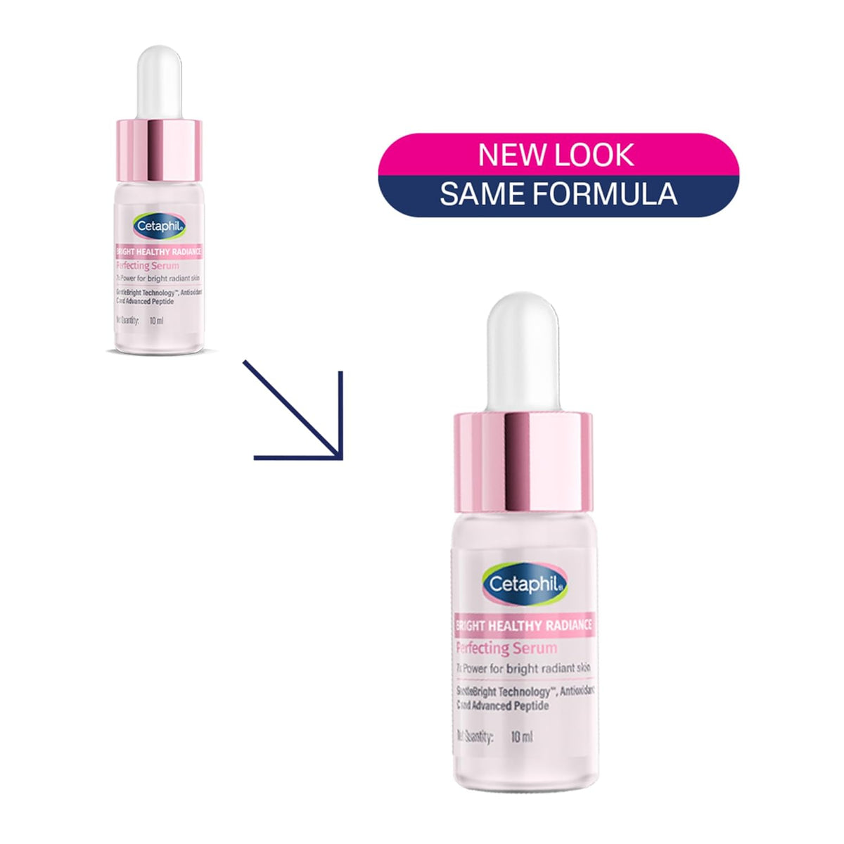 Cetaphil serum bottle with pink cap on a white background, showing 'New Look Same Formula' text.