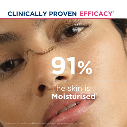 Advertisement showing a close-up of a person's face with text about clinical proven efficacy and moisturization rates.