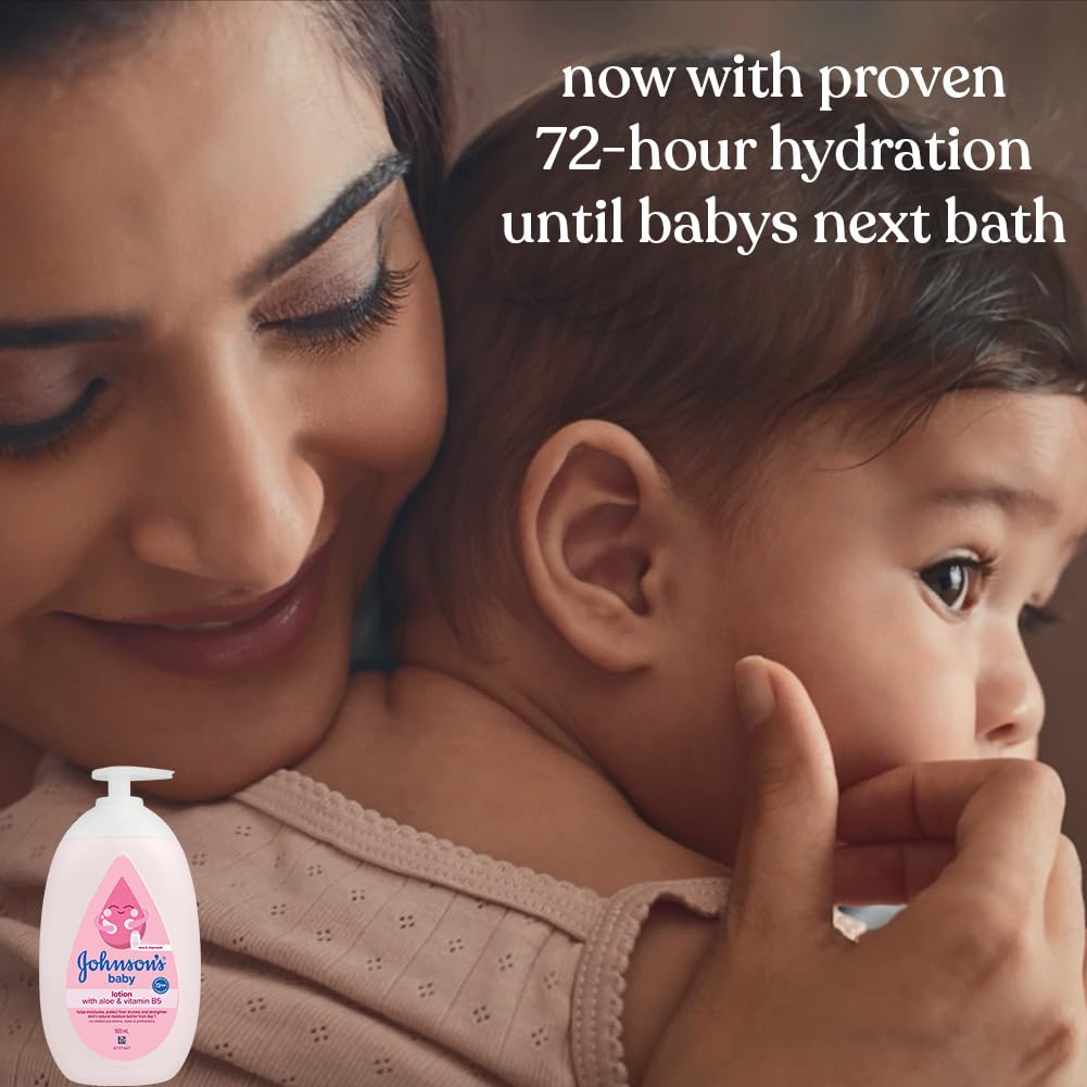Woman holding a baby with Johnson's Baby lotion bottle, text about 72-hour hydration.