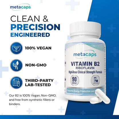 MetaCaps Vitamin B2 Riboflavin– 90 Veg Capsules | High-Potency Metabolic Spark for Energy & Mitochondrial Support | Promotes Neurological Health & Vision
