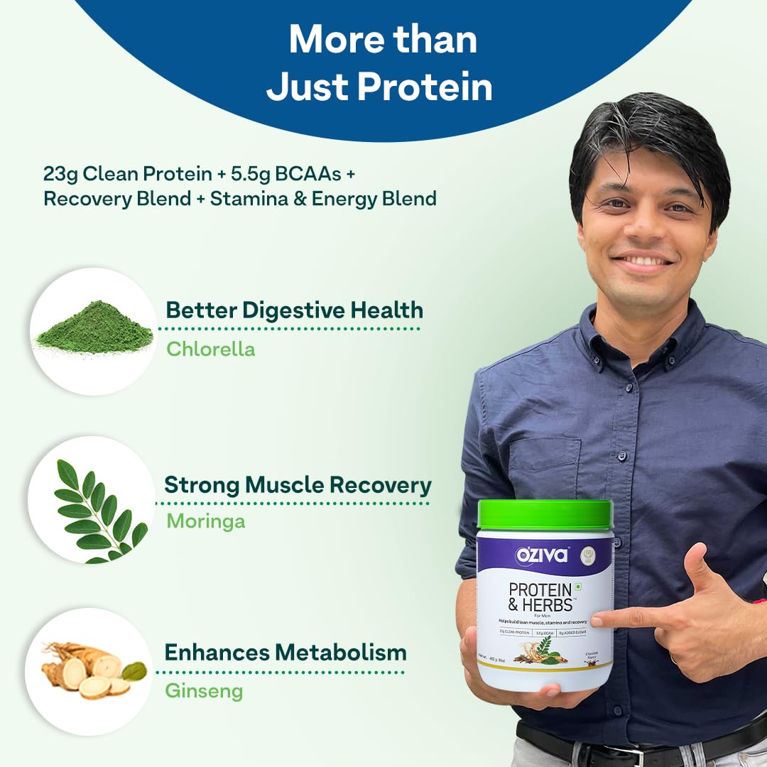 OZiva Protein & Herbs for Men (Cafe Mocha) I Muscle Building, Stamina & Recovery | Clean Protein, Shatavari, Green Tea I No Added Sugar, 1lbs (453gm)