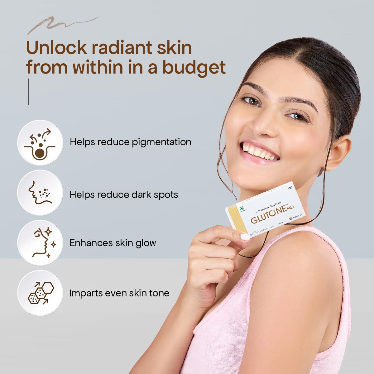 Woman holding a Glutone product with text on a gray background