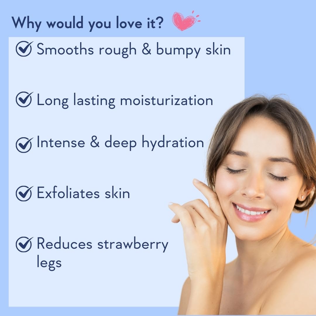 Woman with smooth skin against a blue background with text about skincare benefits.