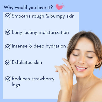 Woman with smooth skin against a blue background with text about skincare benefits.