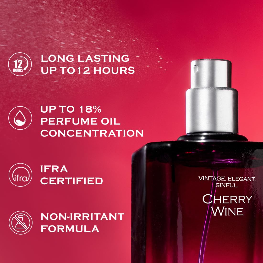 Perfume bottle labeled 'Cherry Wine' with product features on a red background