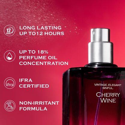 Perfume bottle labeled 'Cherry Wine' with product features on a red background