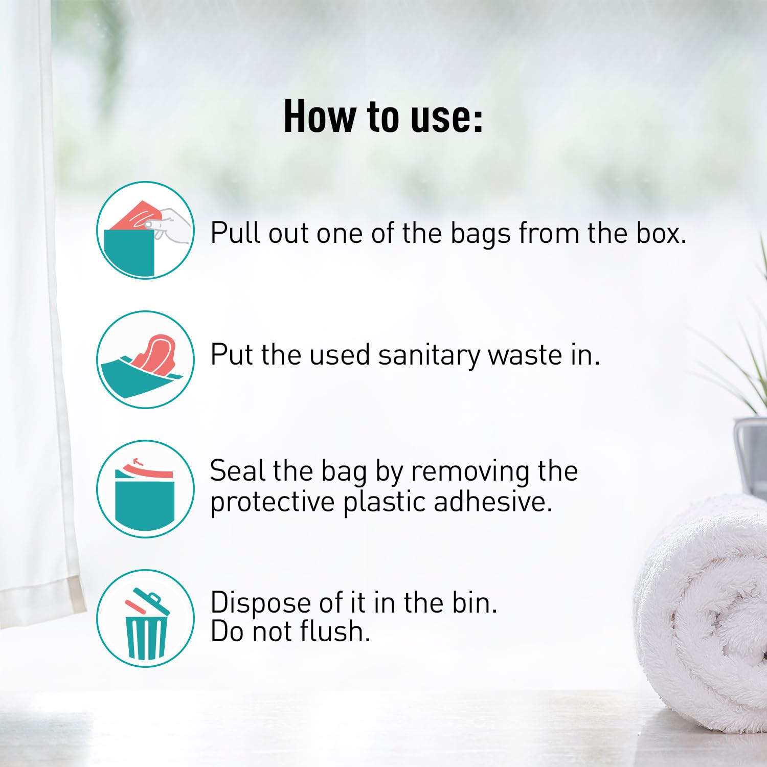 Instructions on how to use sanitary waste bags with icons and text.